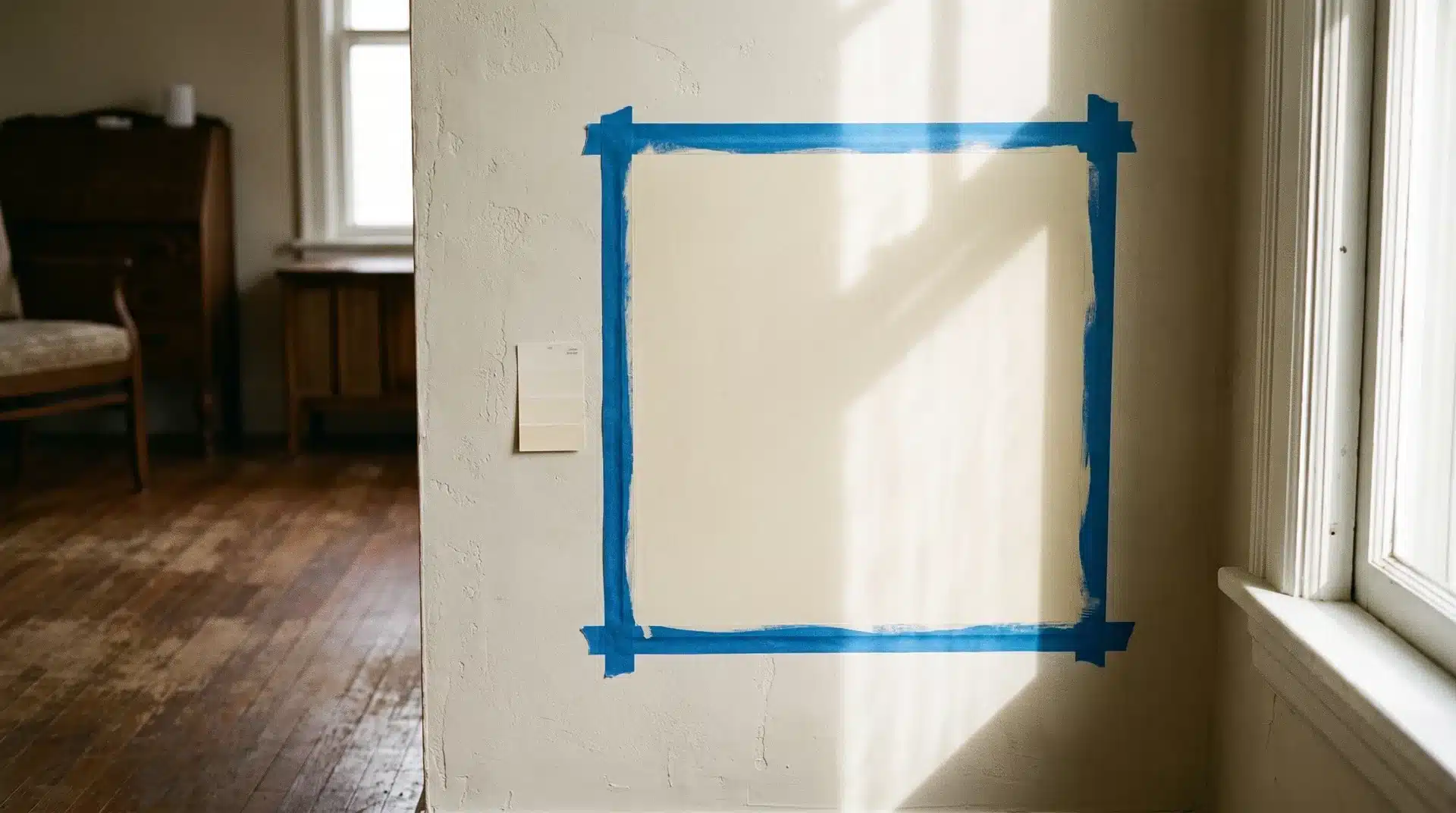 Large paint sample board taped to wall