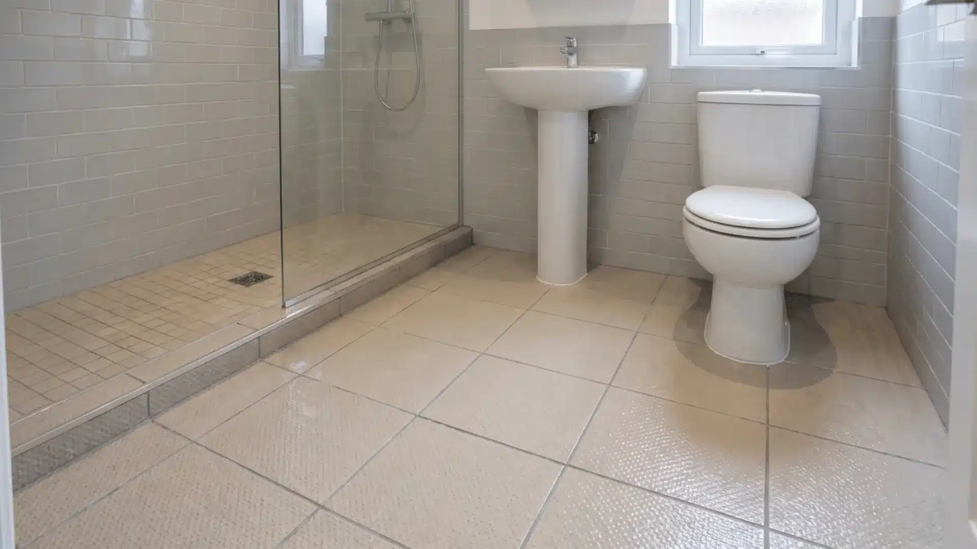 Compact bathroom with textured slip-resistant flooring around the shower, sink, toilet, and walking areas