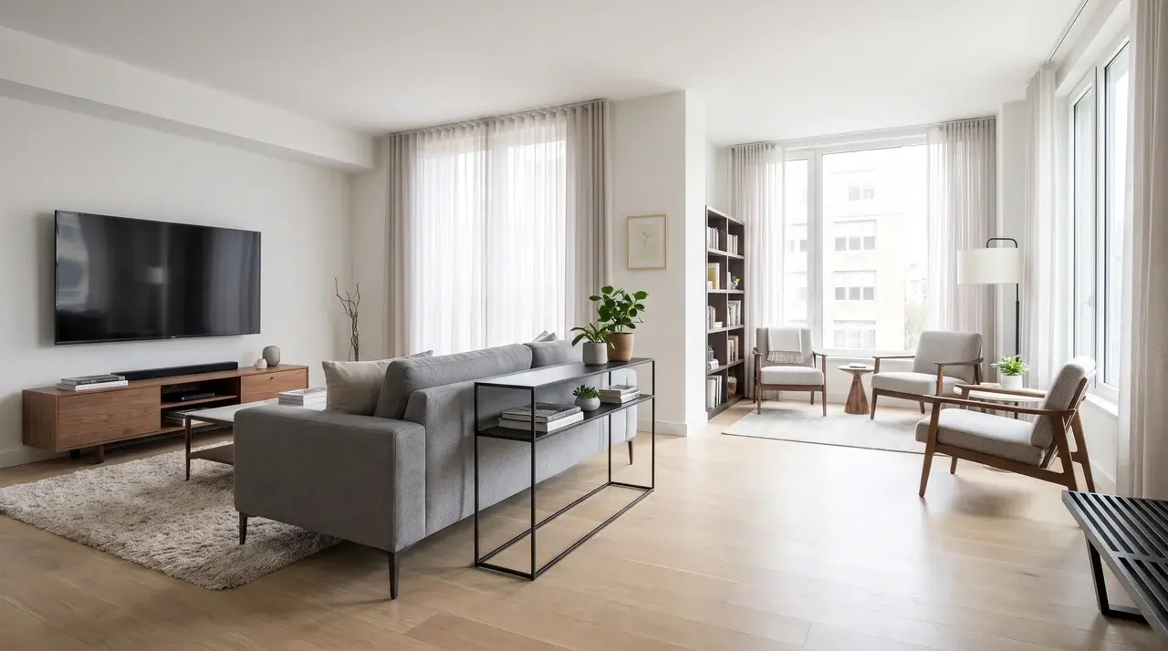 Back-to-back sofas dividing living room into two functional zones.