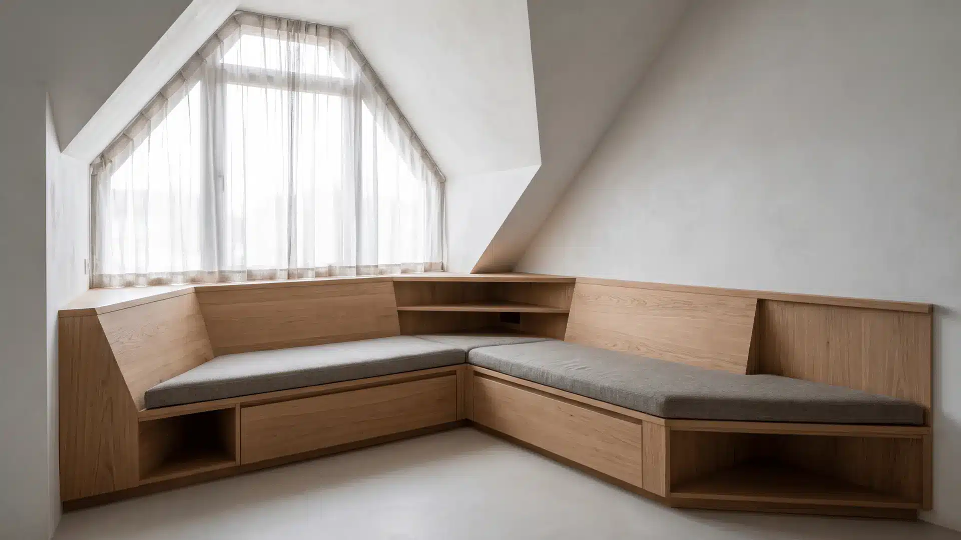  Built-in bench designed to fit irregular corner geometry.