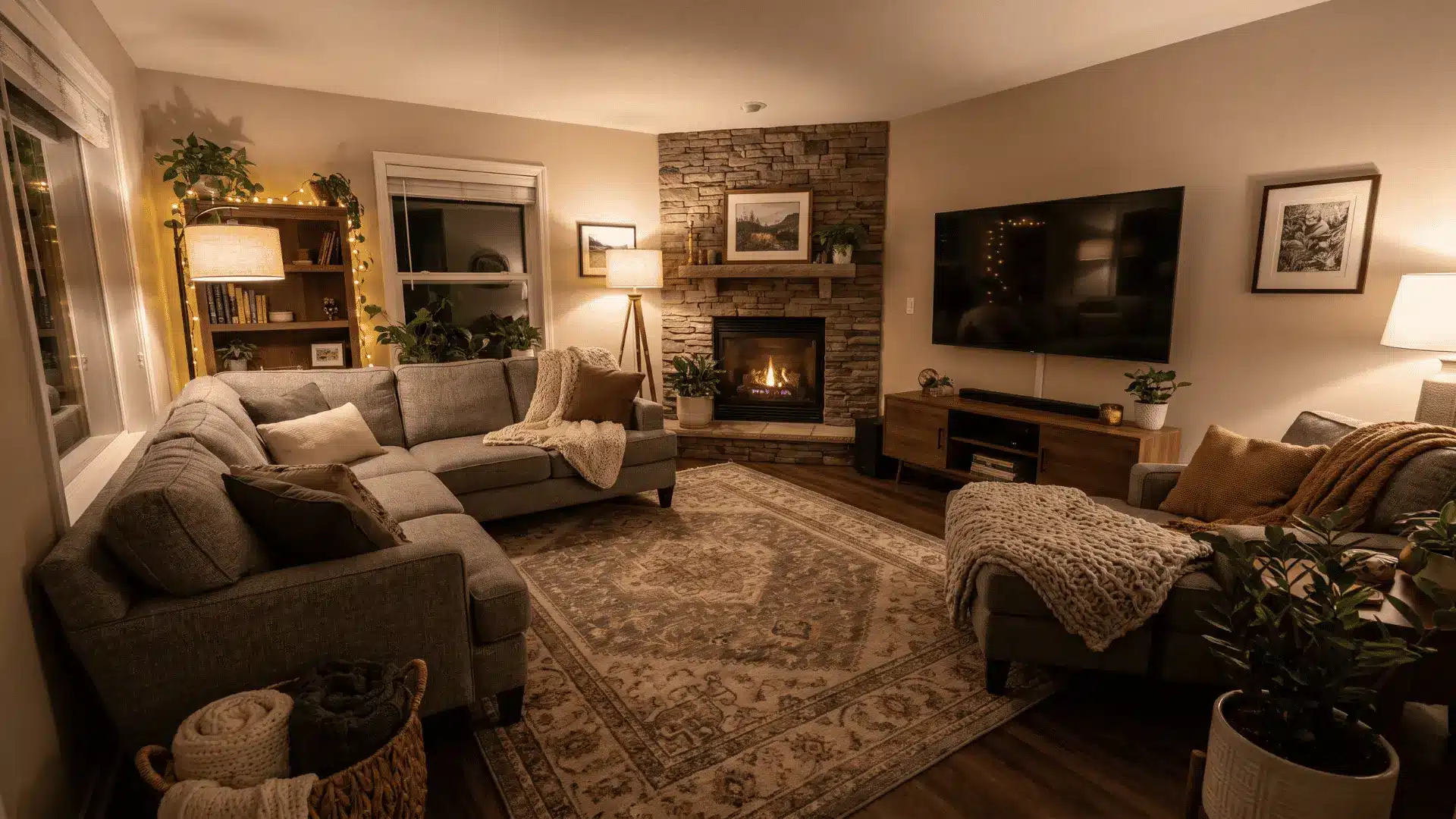  Angled sofa arrangement balancing fireplace and TV in shared viewing cone.