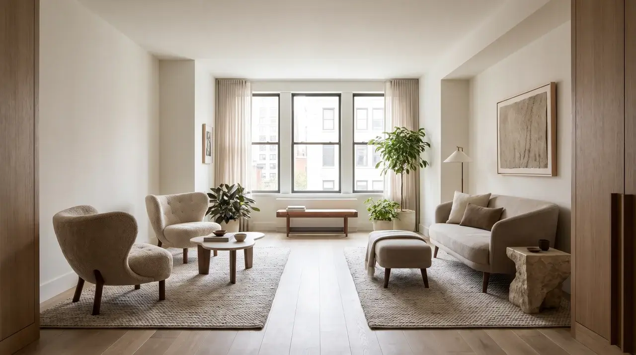 Two seating zones placed across room width reducing tunnel effect and improving flow.