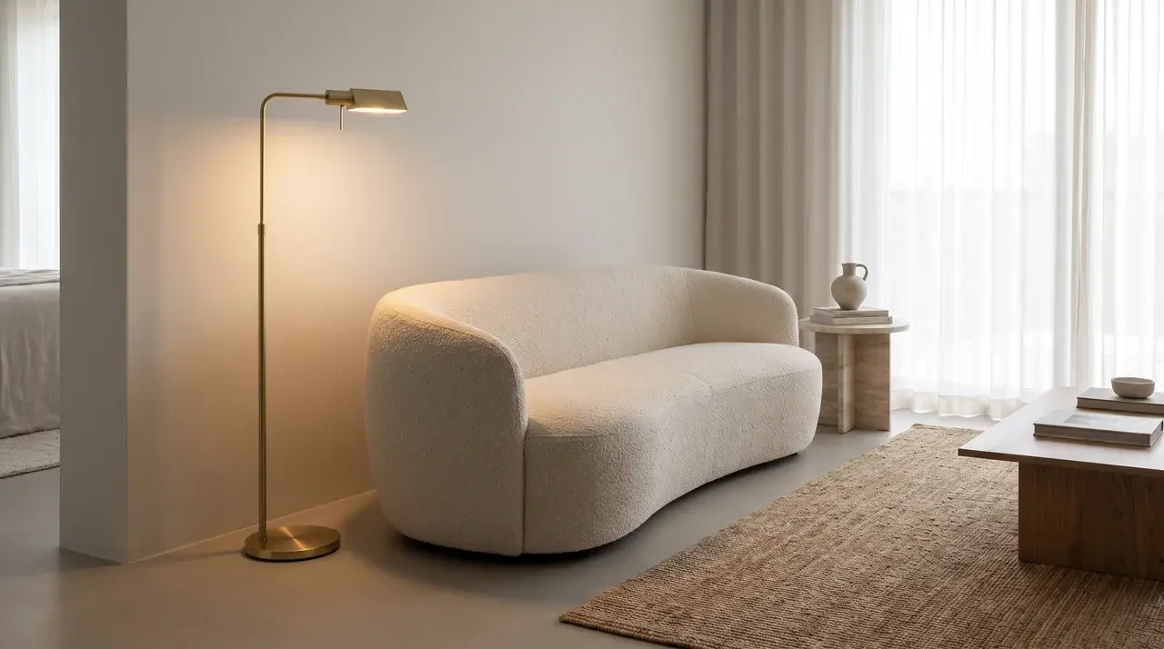 Sofa pulled away from the wall in a living room with floor lamp, side table, and open space behind the seating area.