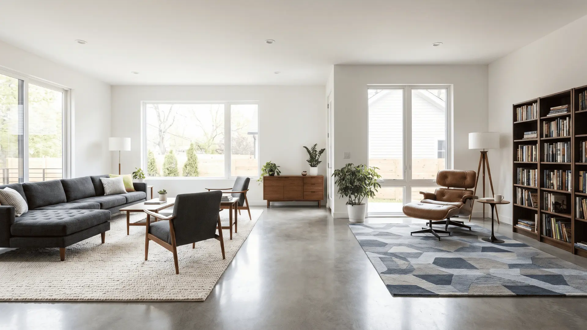  Two rugs defining separate functional zones in open living space.