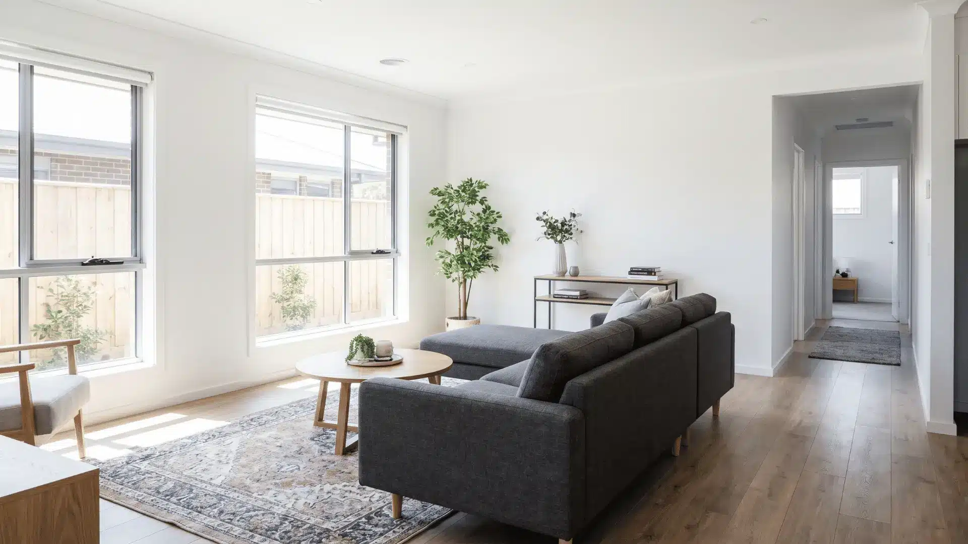  L-shaped sofa guiding entry flow and improving room circulation.