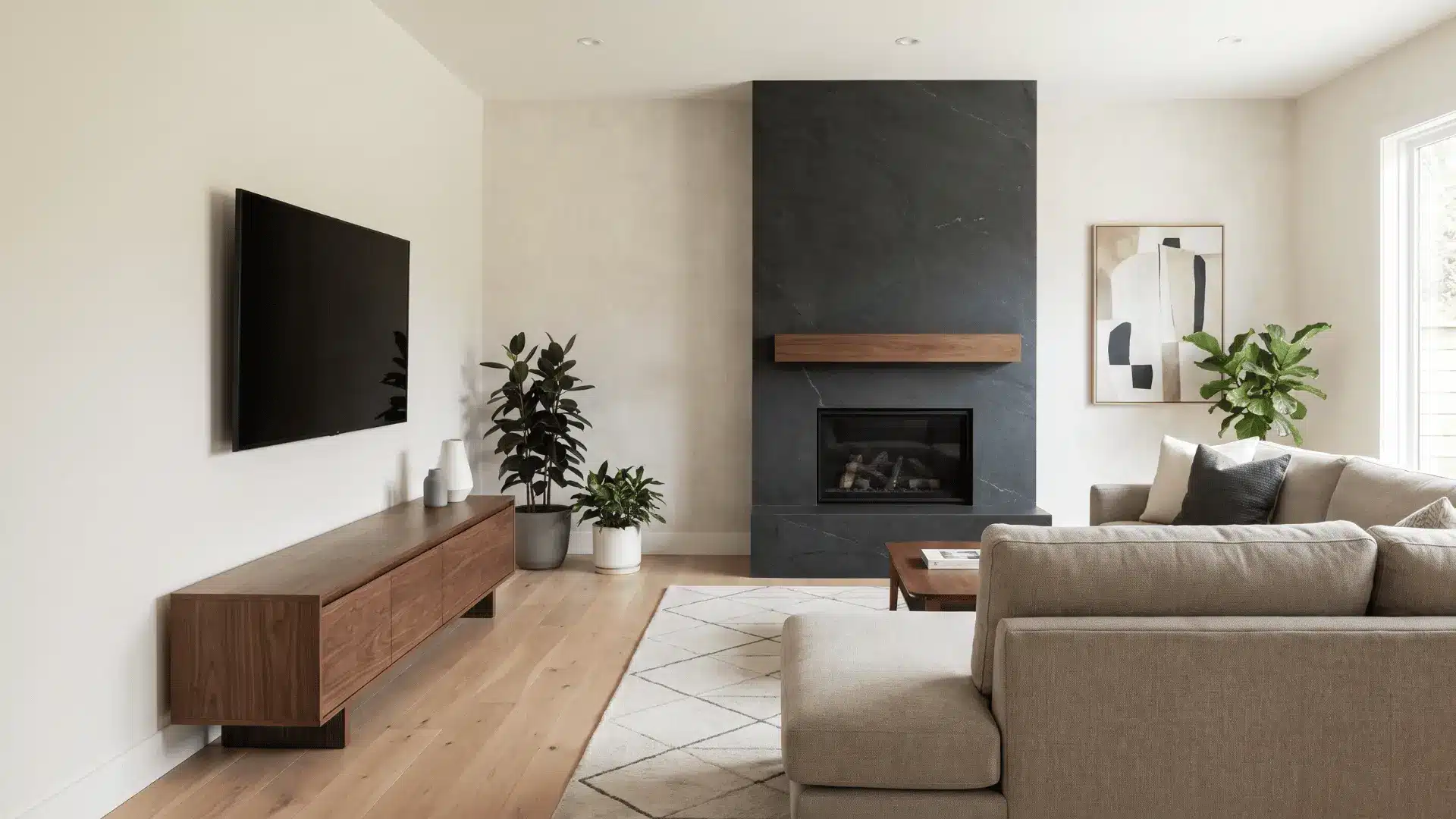  TV moved off fireplace wall creating separated focal points in living room.
