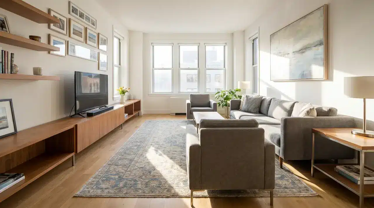 Rug placed crosswise to visually widen narrow living room space.