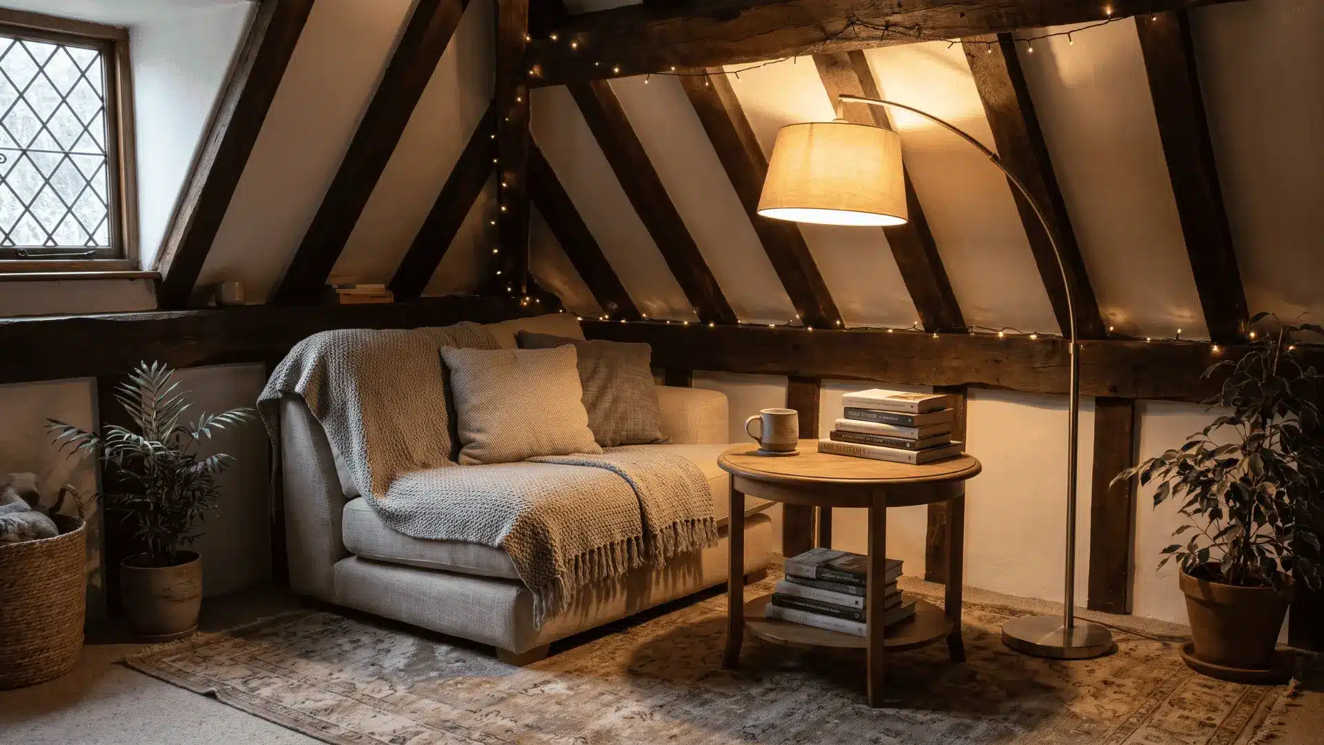 Slanted wall corner transformed into cozy reading nook with lighting and chair.