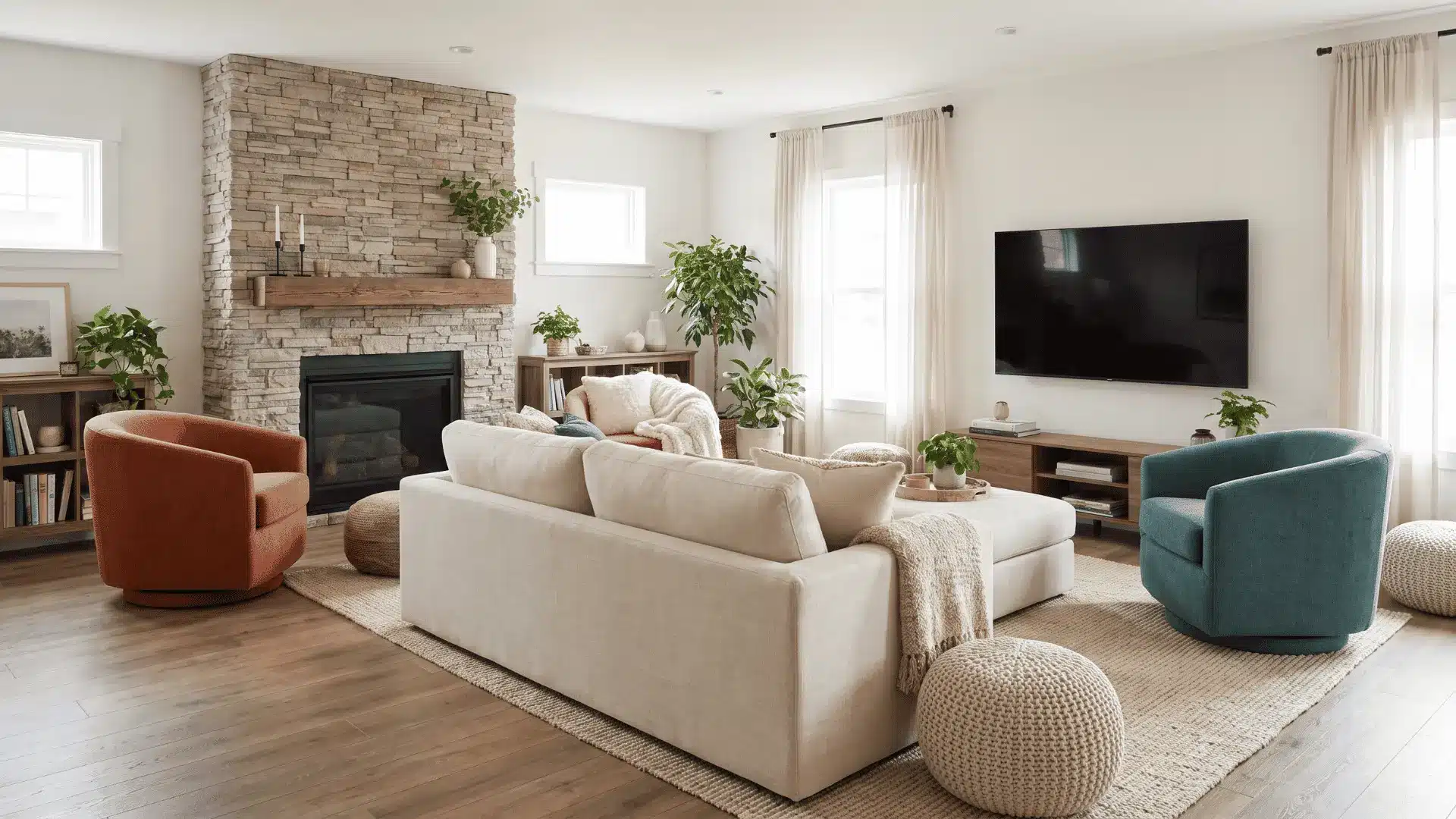 Swivel chairs around central sofa allowing flexible viewing of fireplace or TV.