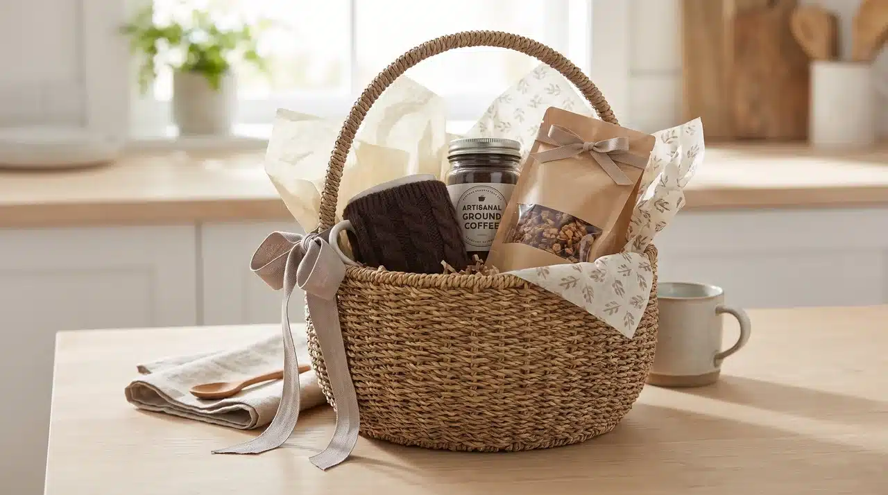 Birthday gift basket with coffee, snacks, handmade item, tissue paper, and ribbon