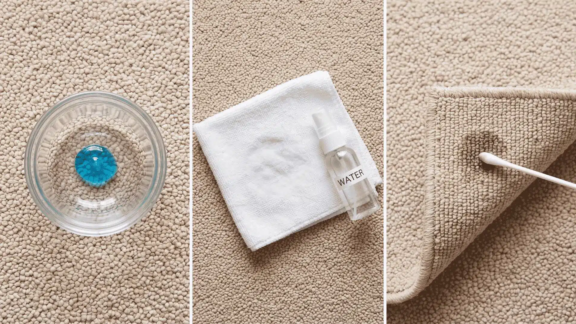 DIY carpet cleaning essentials showing measured soap, water rinse, and carpet patch test before cleaning
