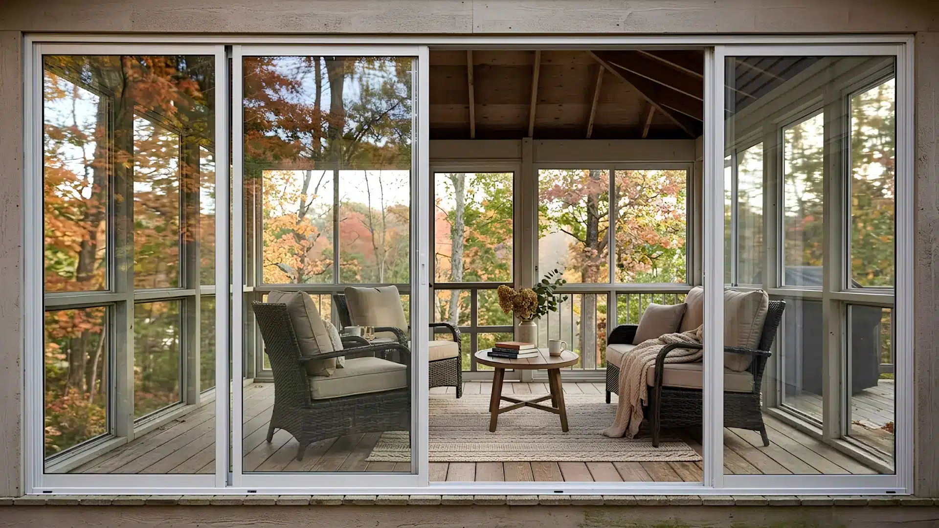 Sunroom porch conversion with large sliding glass doors overlooking autumnal forest trees.