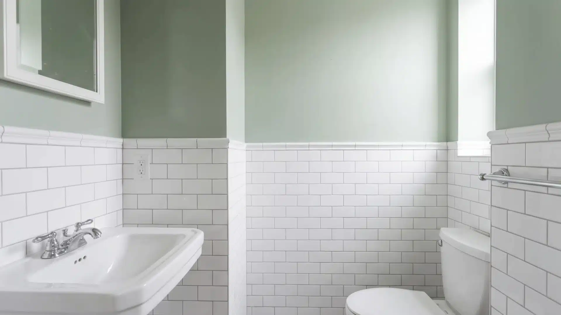 Tile wainscoting covering the lower walls of a small bathroom with painted walls above