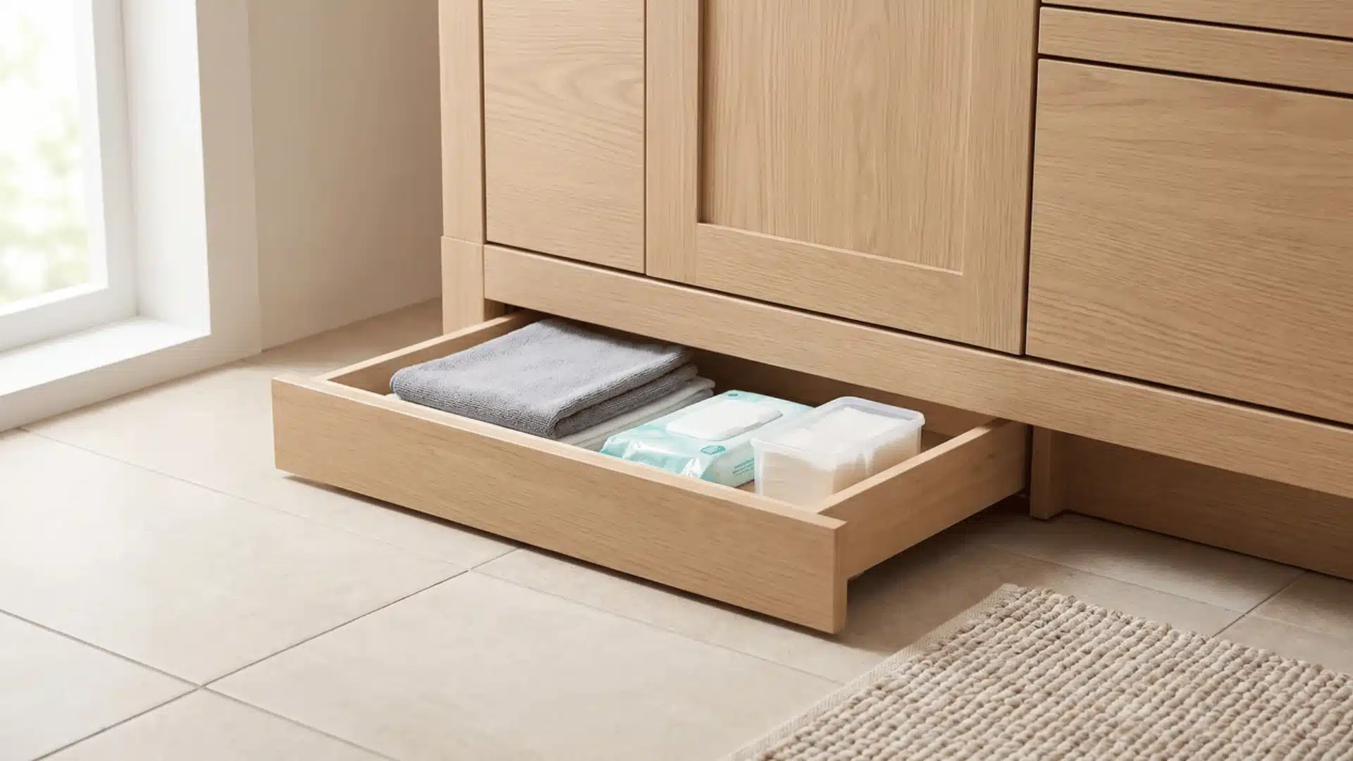 Toe-kick drawer built beneath a bathroom vanity for hidden storage