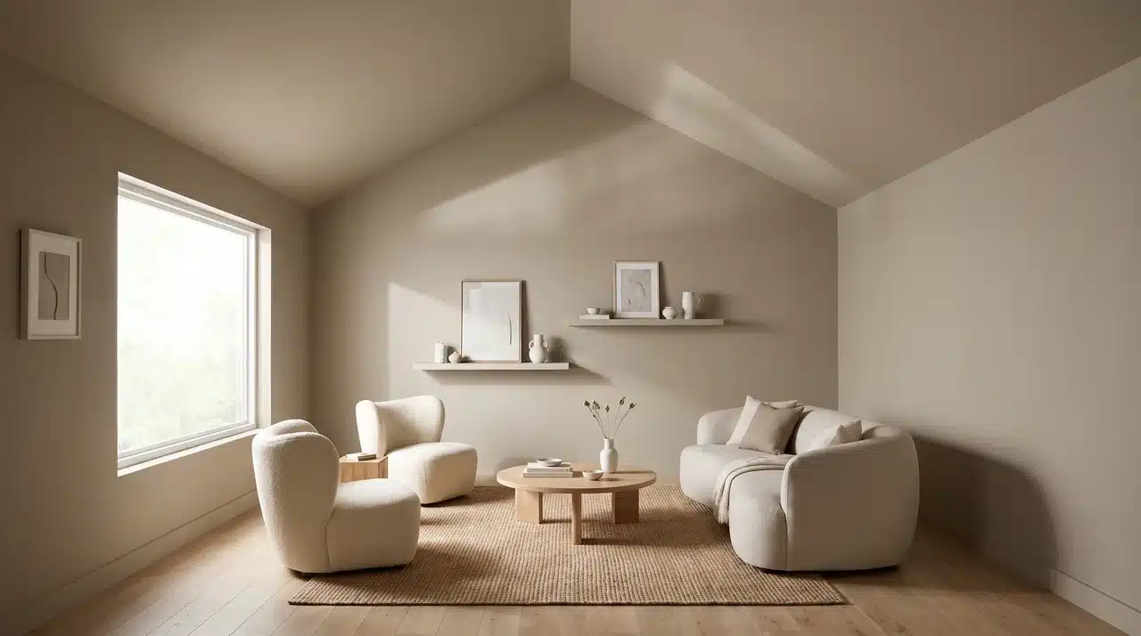 Modern vaulted ceiling living room with tone-on-tone warm greige walls and ceiling eliminating contrast line in bright natural daylight.