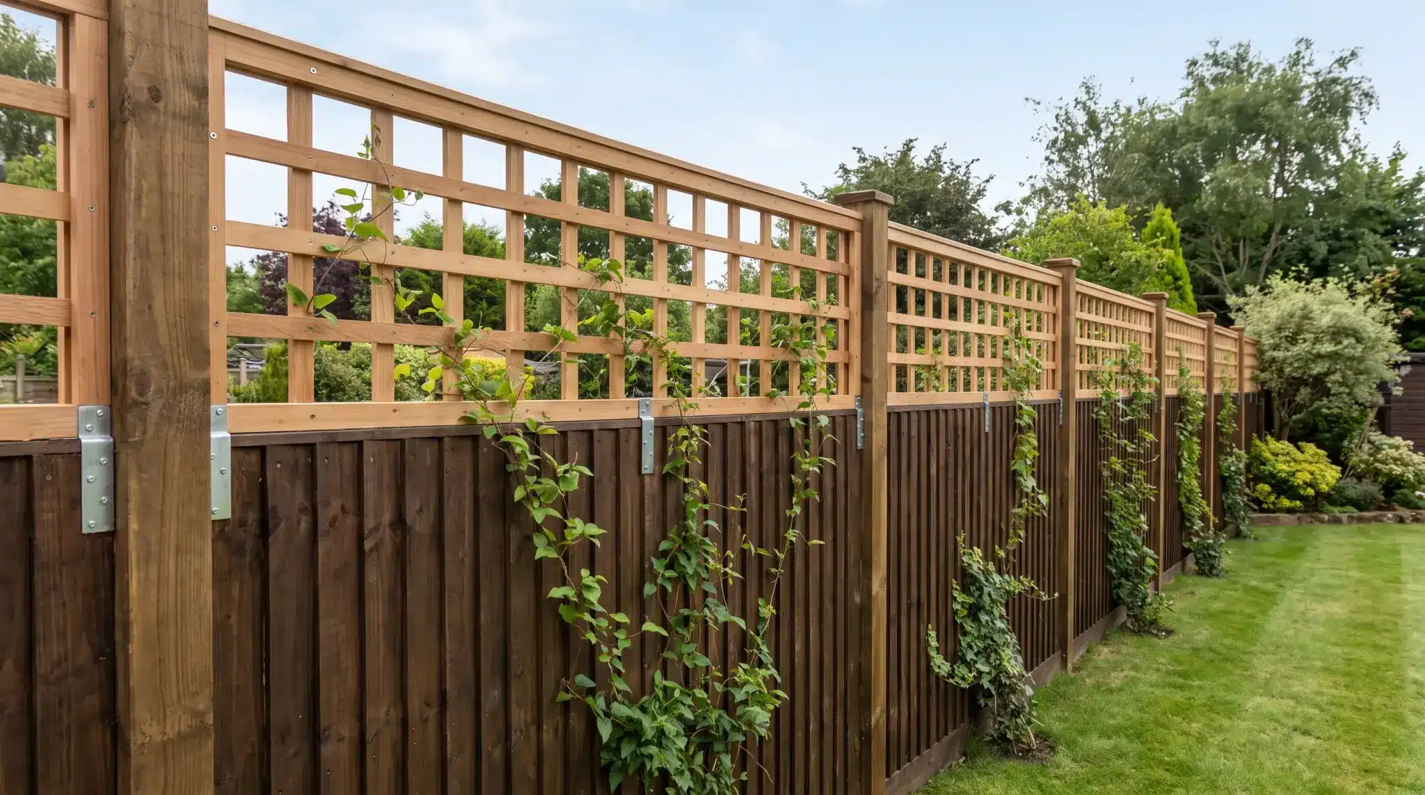 Lattice trellis topper secured above a wooden fence with young climbing vines.