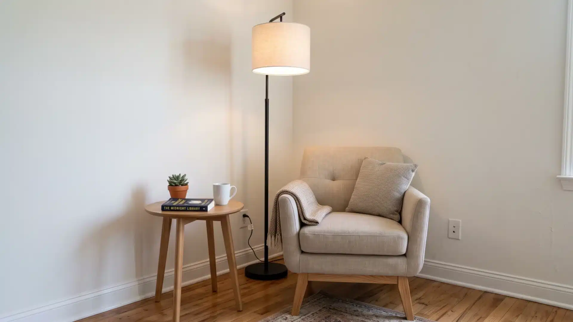 lounge chair with floor lamp and side table in an empty corner