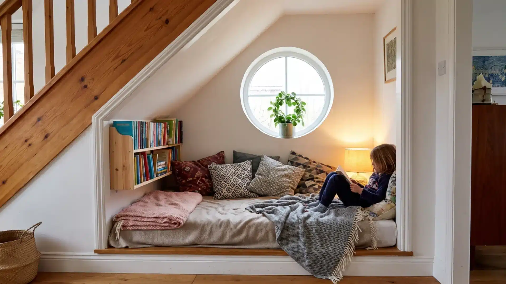 A child reads in a cozy under-the-stairs nook equipped with a mattress, pillows, and bookshelf.