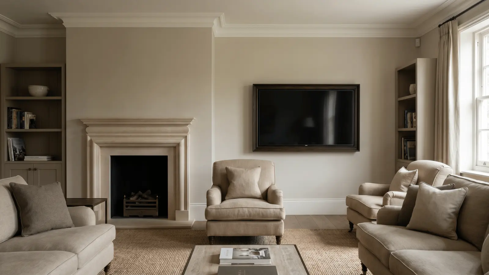 Living room with TV mounted beside a fireplace and seating facing both areas
