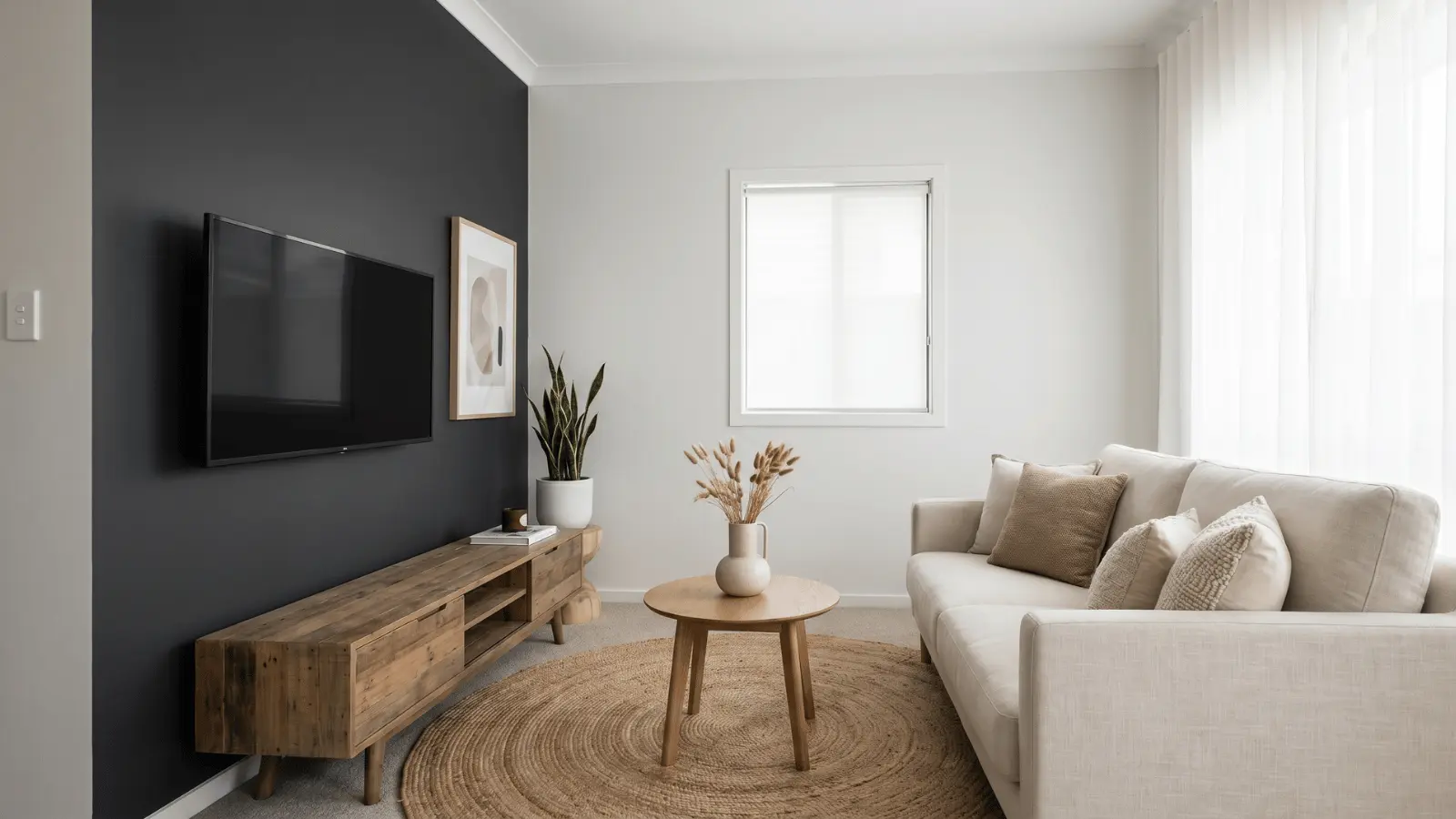 Living room with wall mounted TV on a dark accent wall and wooden media console