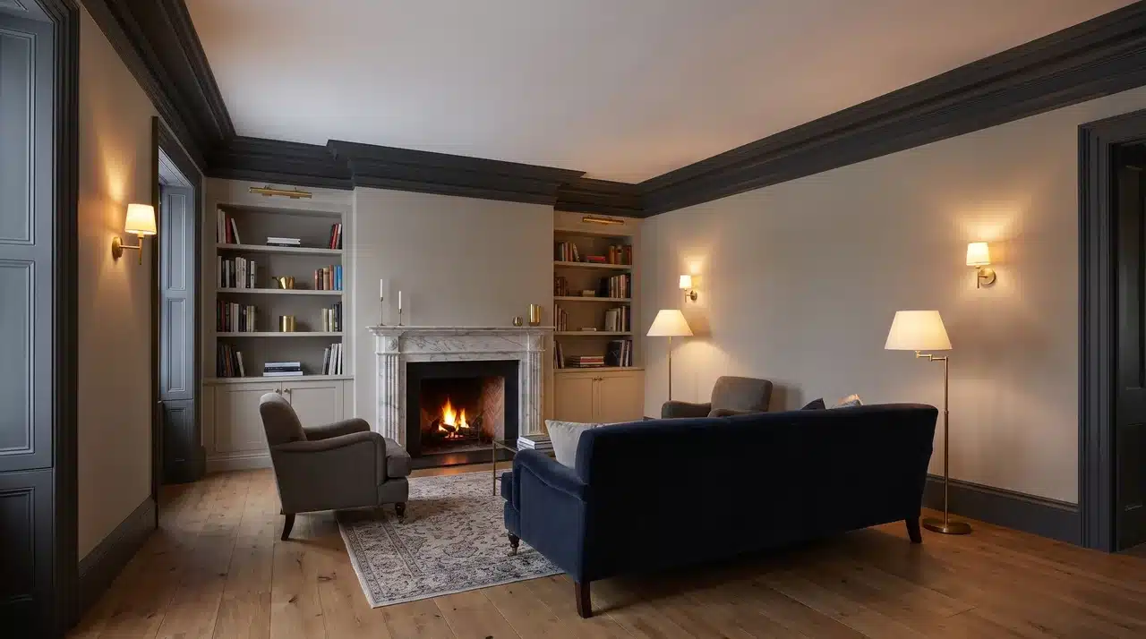 A traditional living room where two-tone crown molding in charcoal grey contrasts against white ceiling and warm greige walls for bold architectural impact.