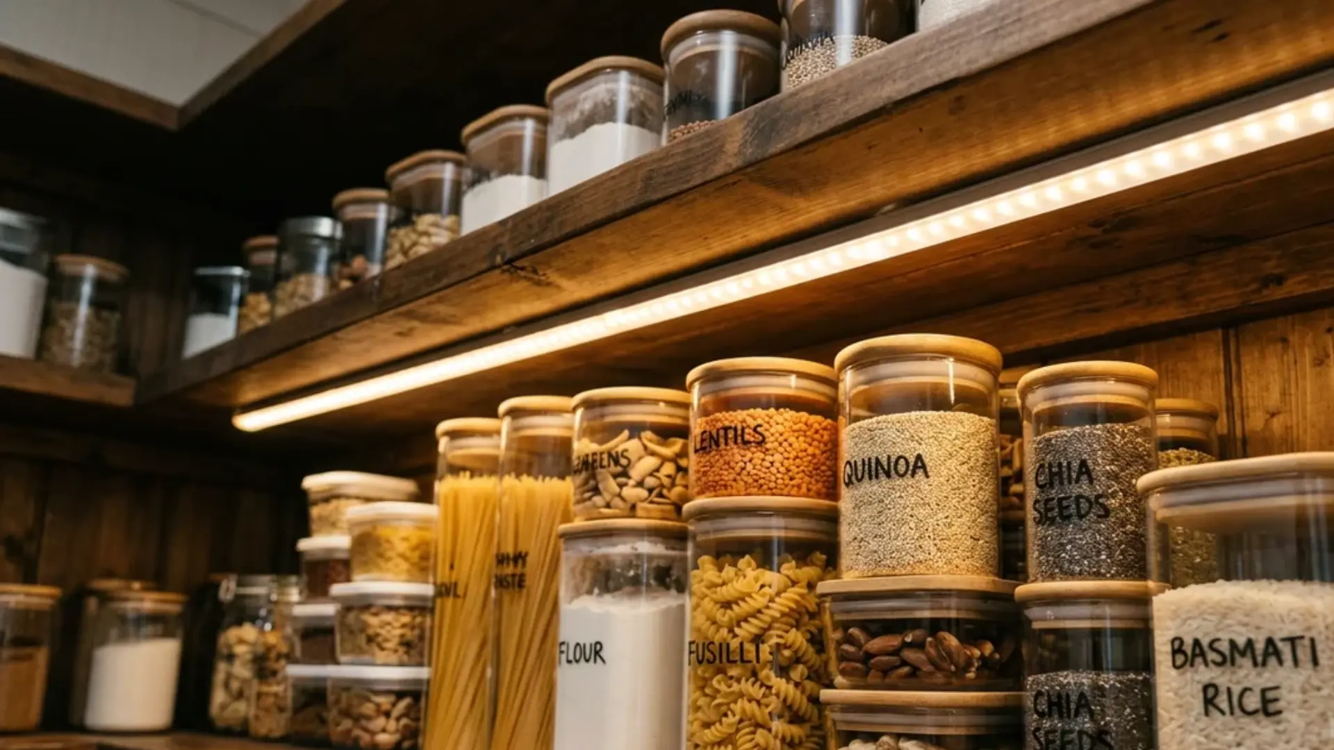 Led strip light mounted under a wooden pantry shelf illuminating stacked food items