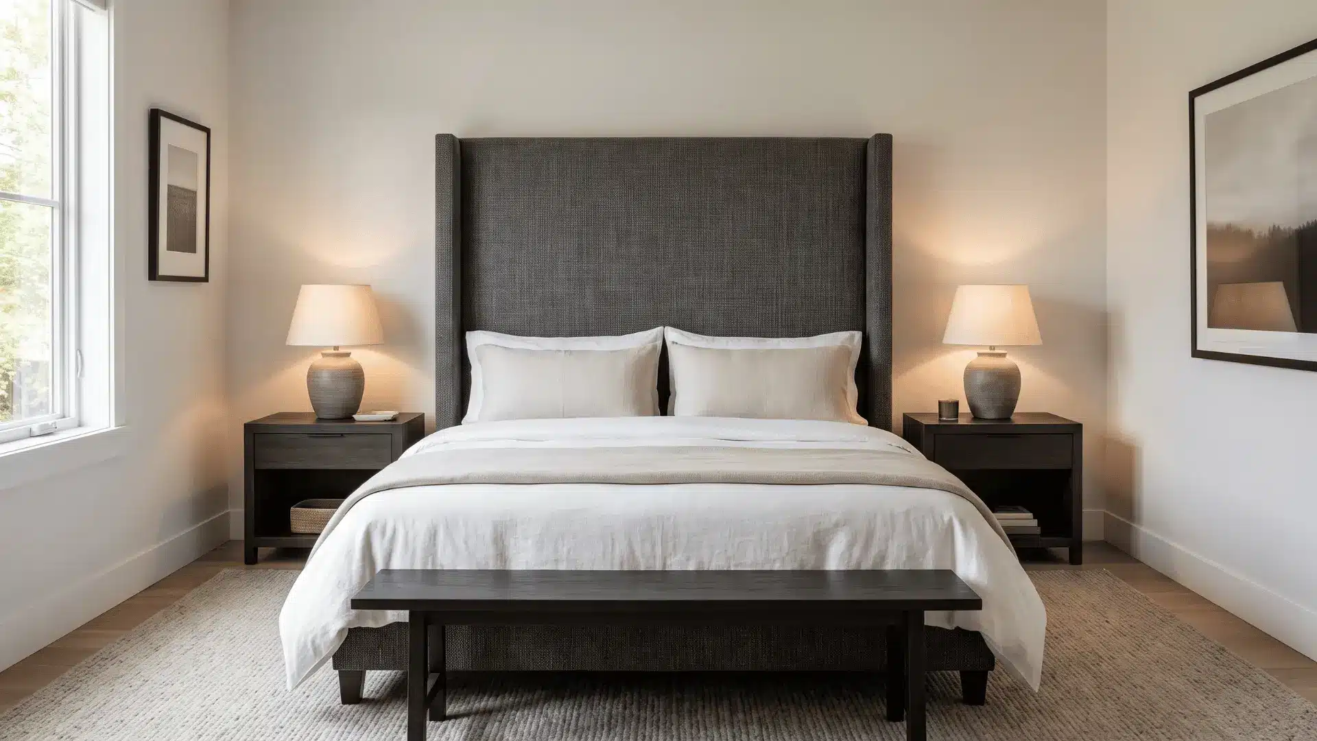 Masculine bedroom with a tall charcoal upholstered headboard and neutral bedding