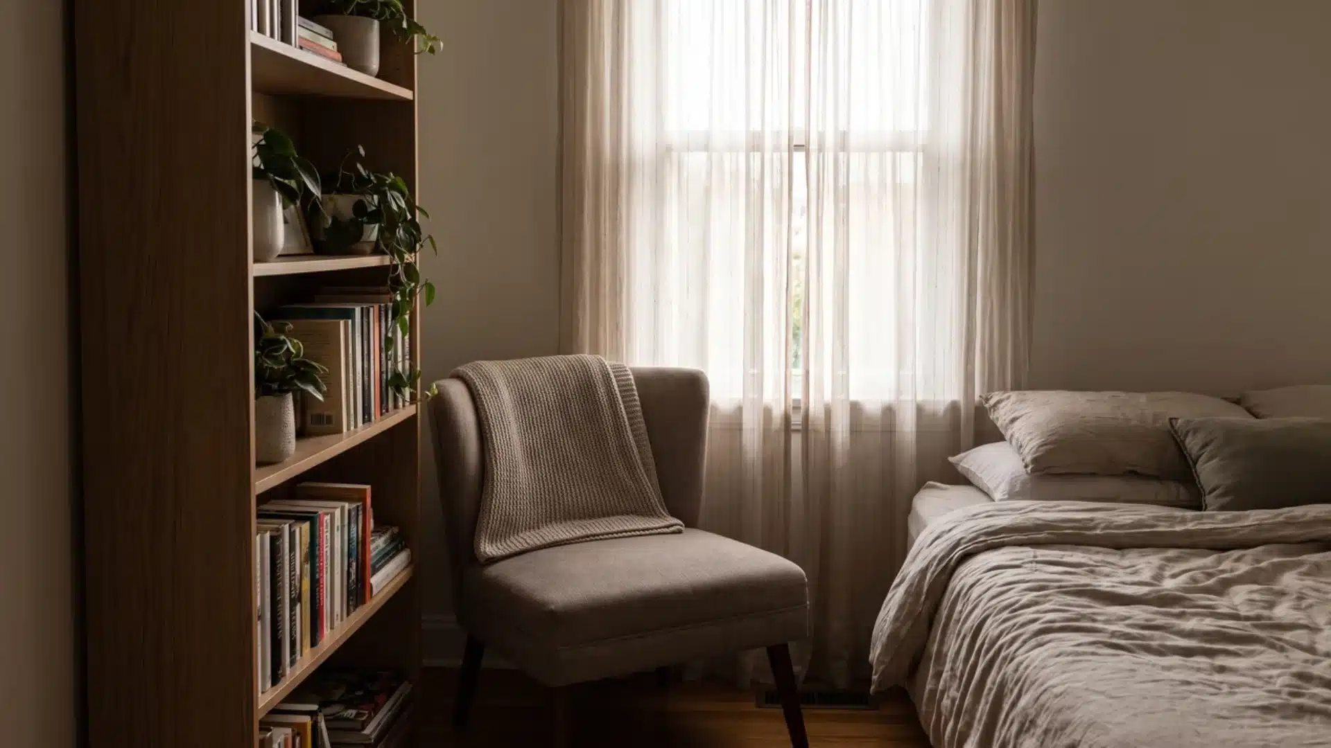 accent chair and narrow bookshelf in a bedroom corner near a window