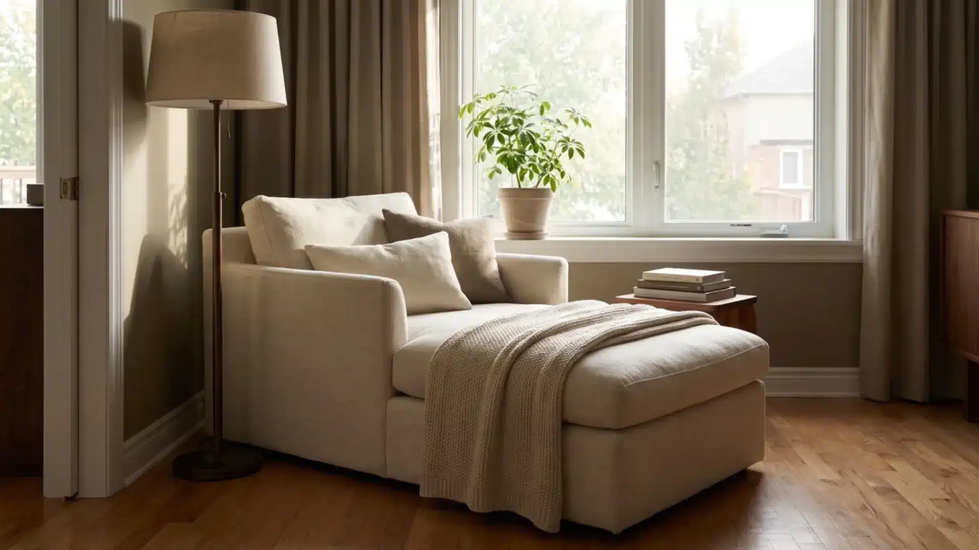 chaise lounge positioned near a window with a floor lamp