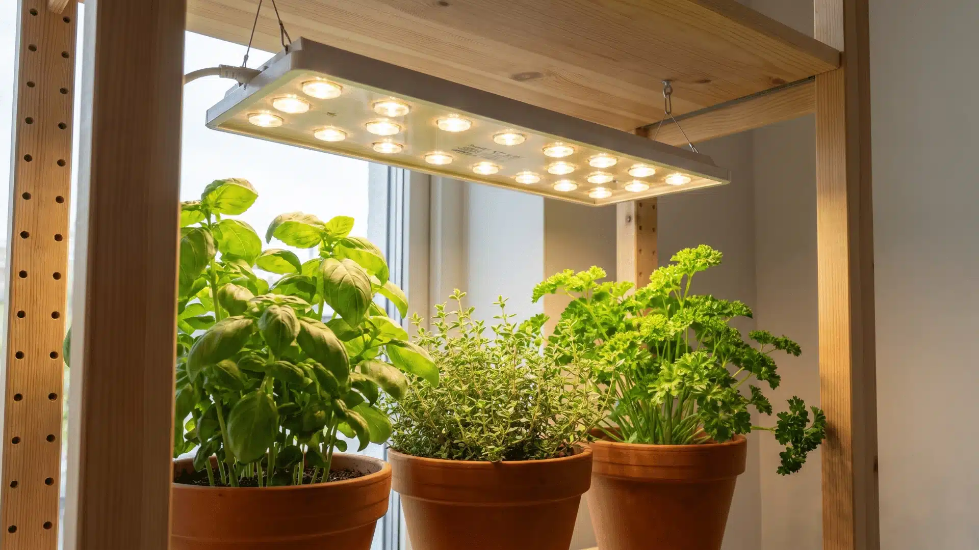 Indoor herbs growing under a full-spectrum LED grow light.
