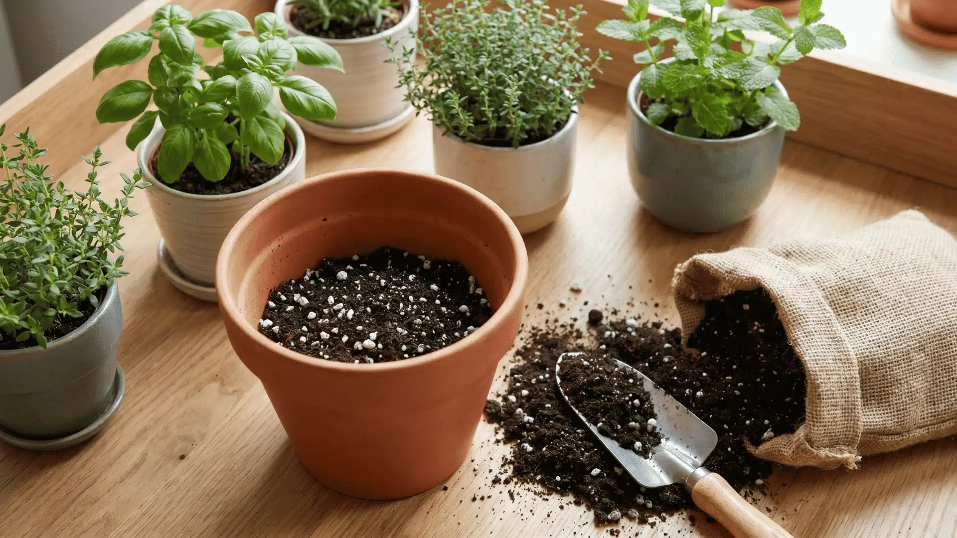 Lightweight potting mix being used for indoor herb containers.