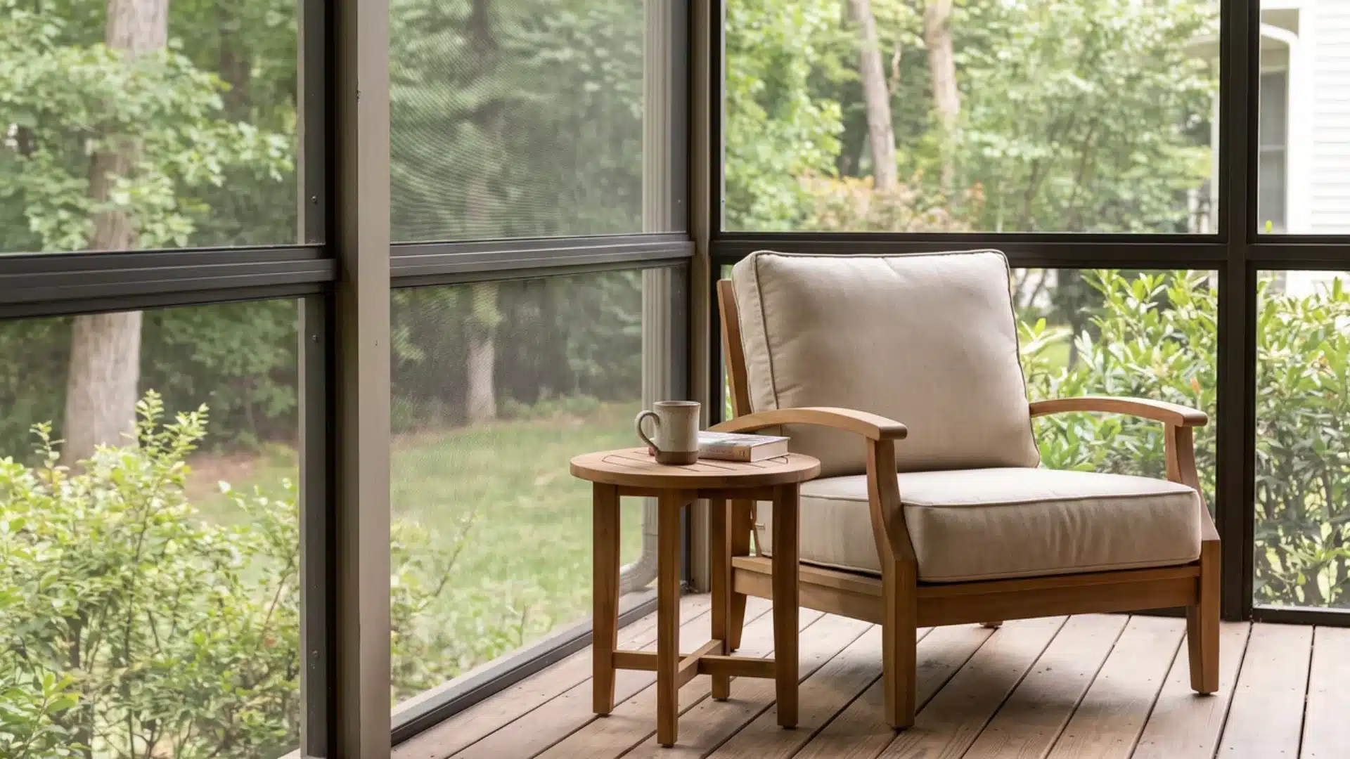 cushioned chair and side table set up on a screened porch