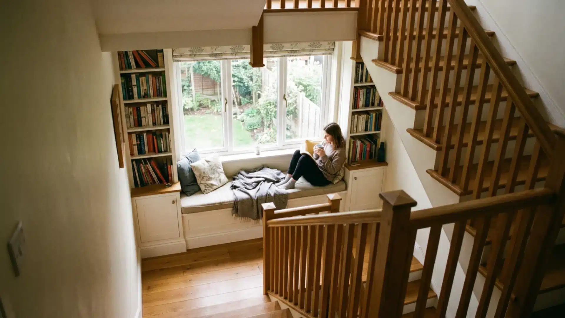A person sits on a cozy window seat flanked by built-in bookshelves on a stair landing.