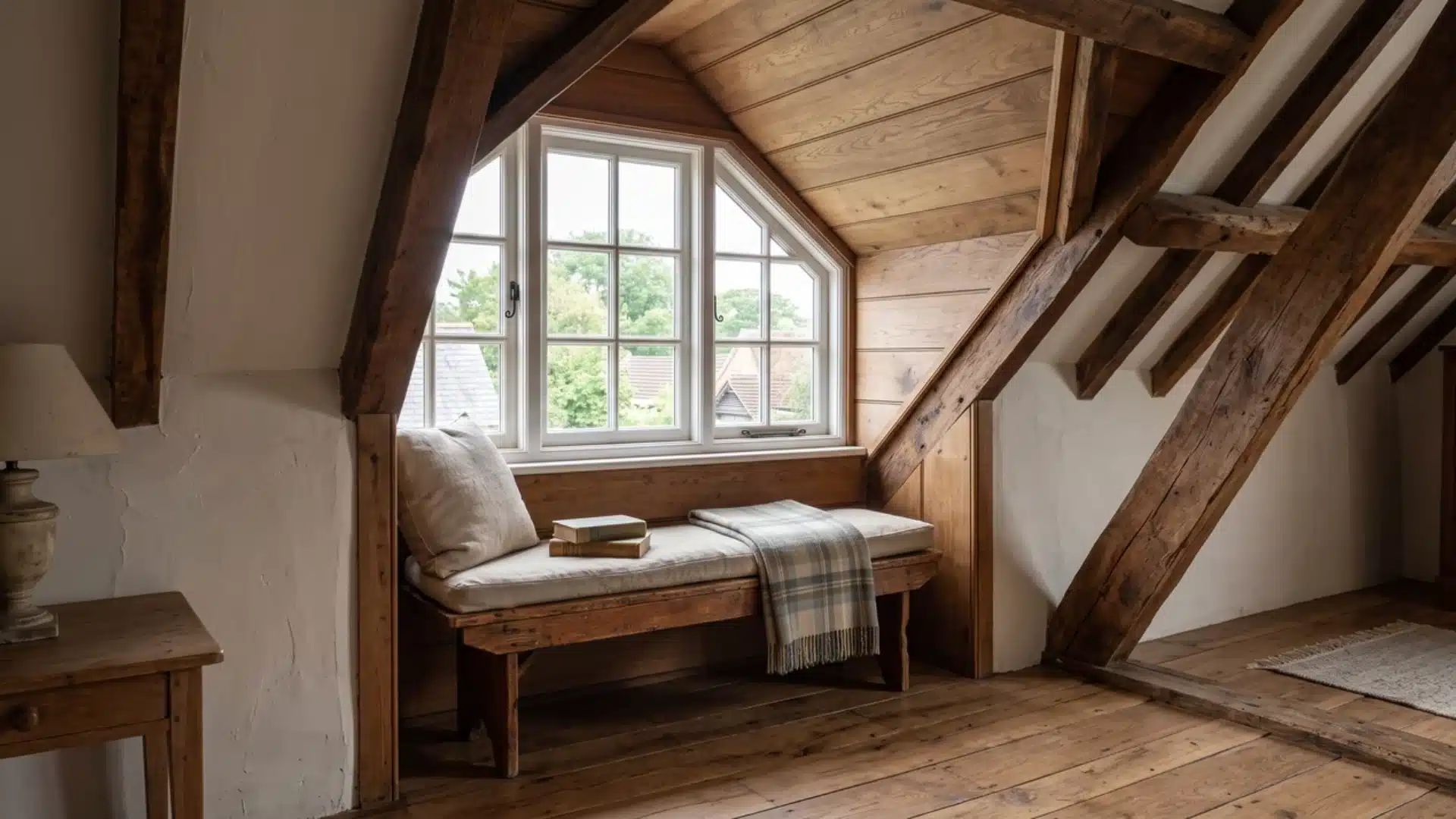 small bench fitted beneath an angled attic dormer window
