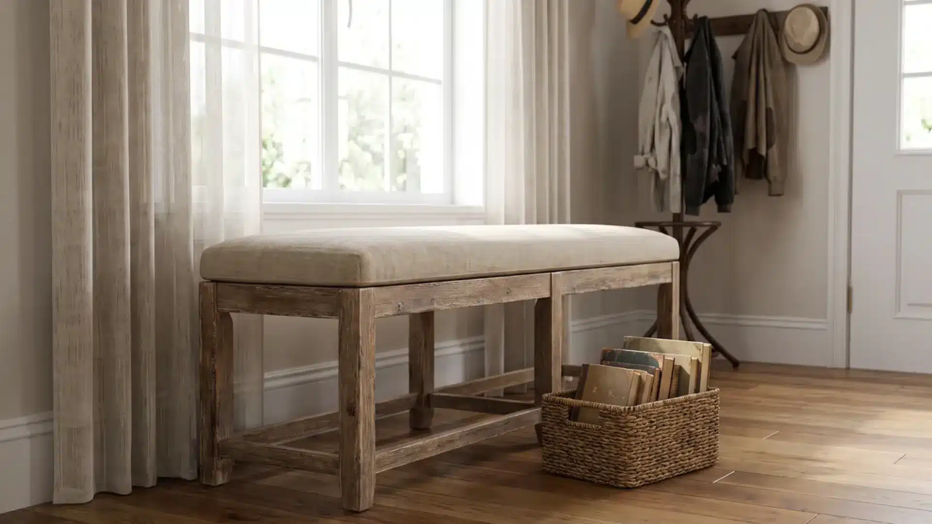 cushioned entryway bench near a window with a basket of books
