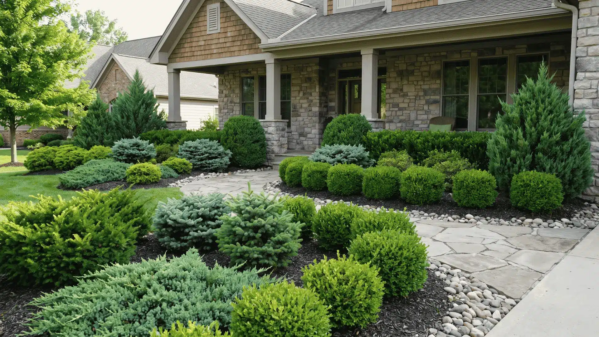 Evergreen shrubs framing a front yard with a clean, structured landscape around a house entrance.