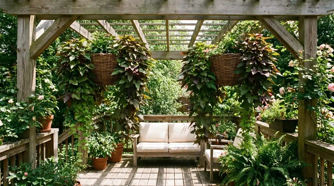 Pergola deck with two hanging baskets of trailing sweet potato vine over cream cushion sofa in dappled midday light.