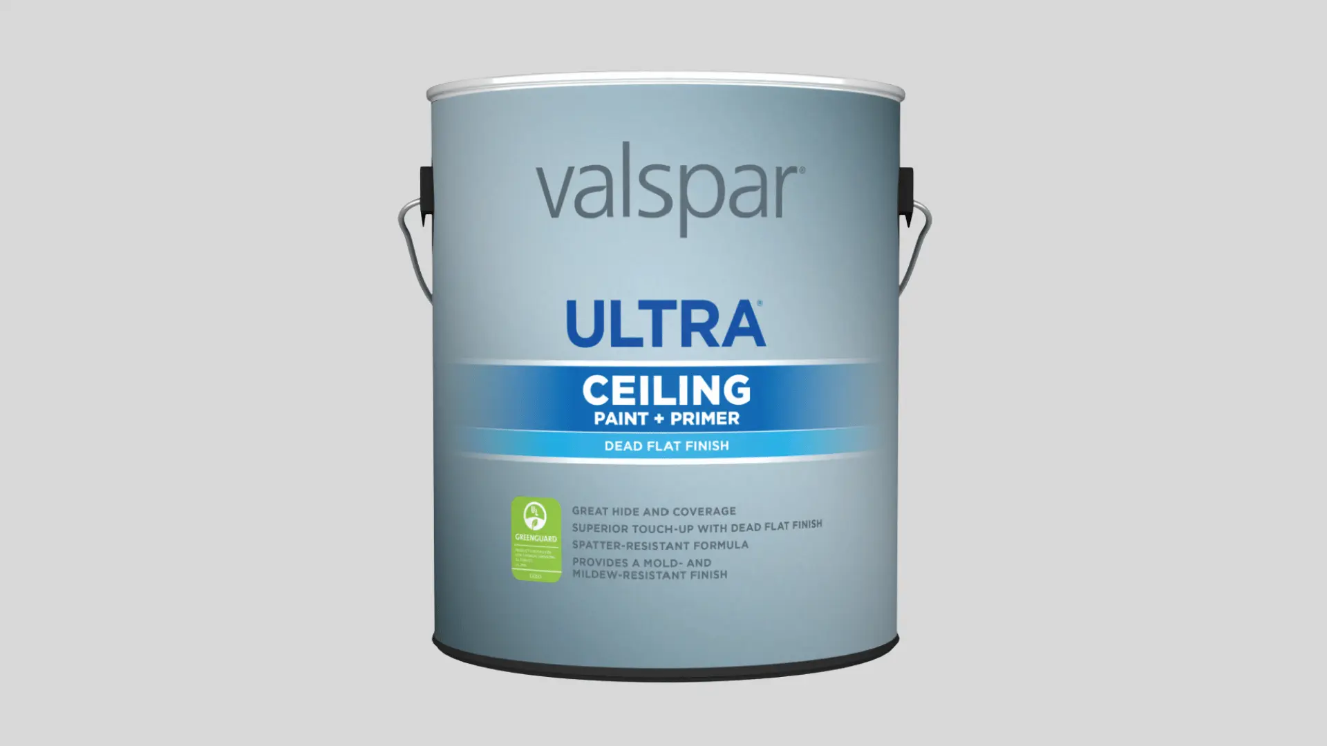 Valspar Ultra Ceiling Paint and Primer with a dead-flat, splatter-resistant finish.