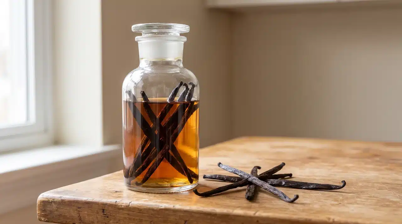Glass bottle with split vanilla beans submerged in alcohol and extra beans beside it
