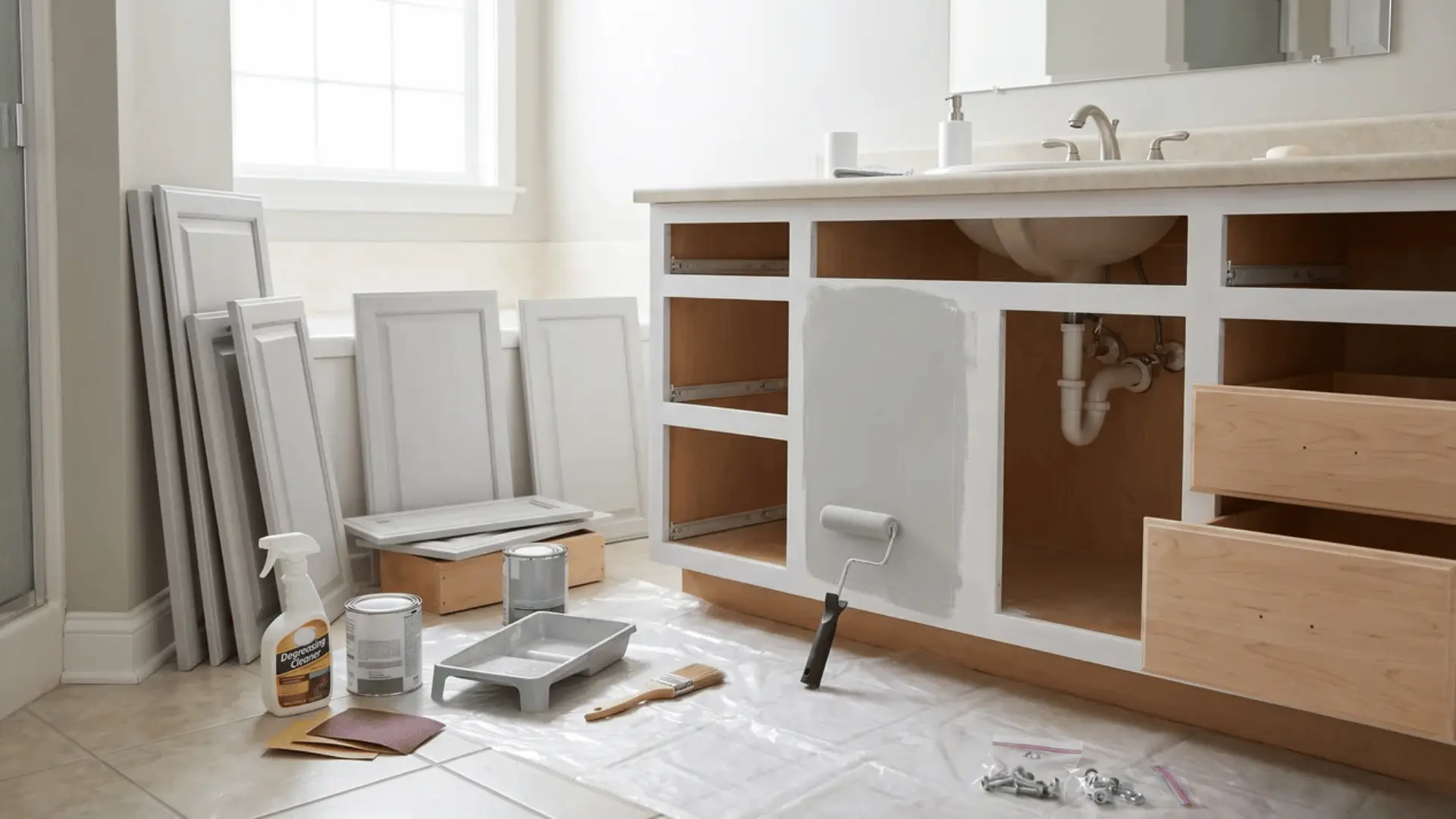 Bathroom vanity with doors removed and cabinet surfaces partly painted beside primer, roller, brush, and sandpaper
