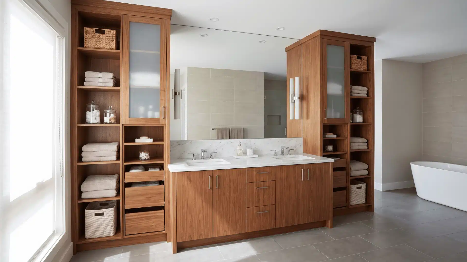 Modern bathroom vanity with tall built-in storage towers on both sides holding towels and toiletries in an organized clean layout