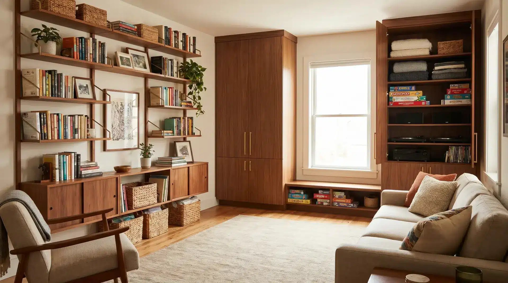 Vertical storage with wall shelves and tall cabinets freeing floor space in a small living room.