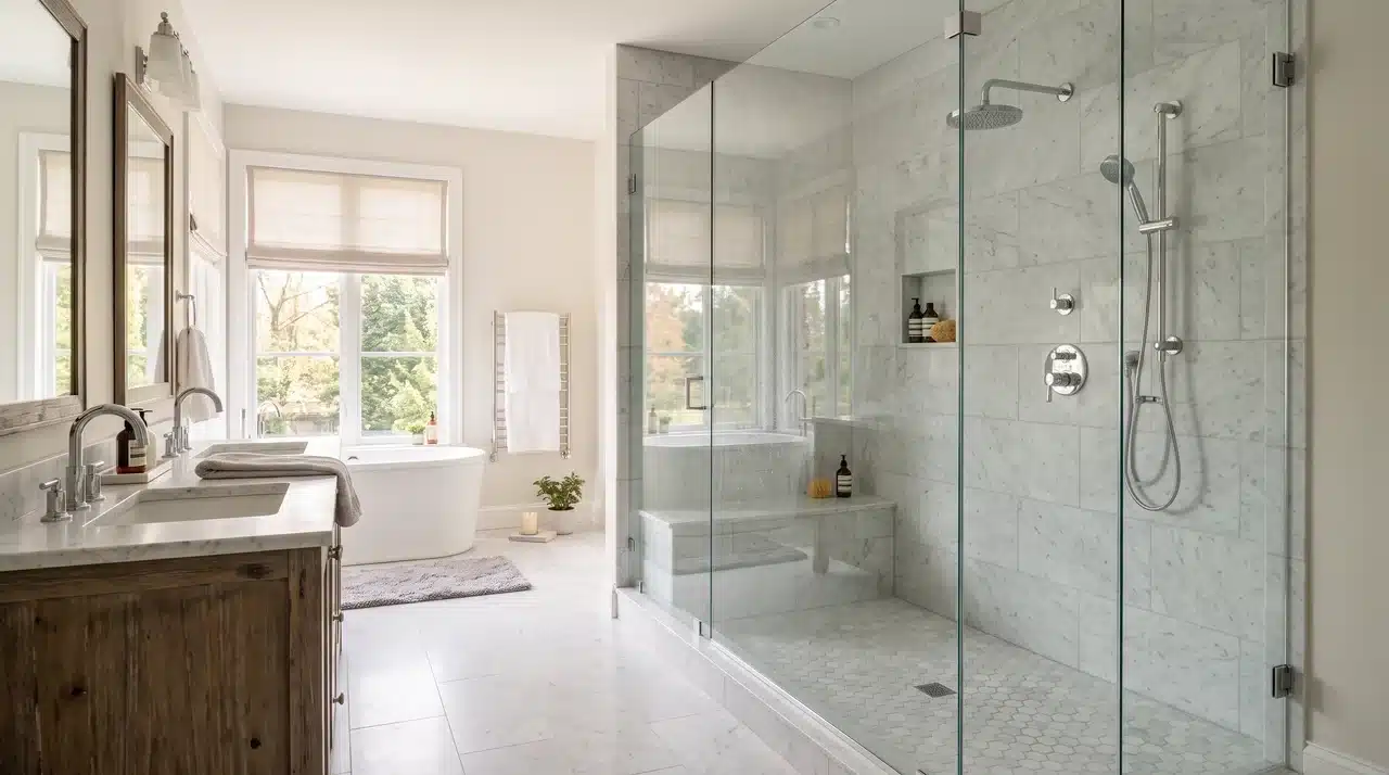 Bright bathroom with a glass walk-in marble shower, wooden vanity, double sinks, and freestanding tub.