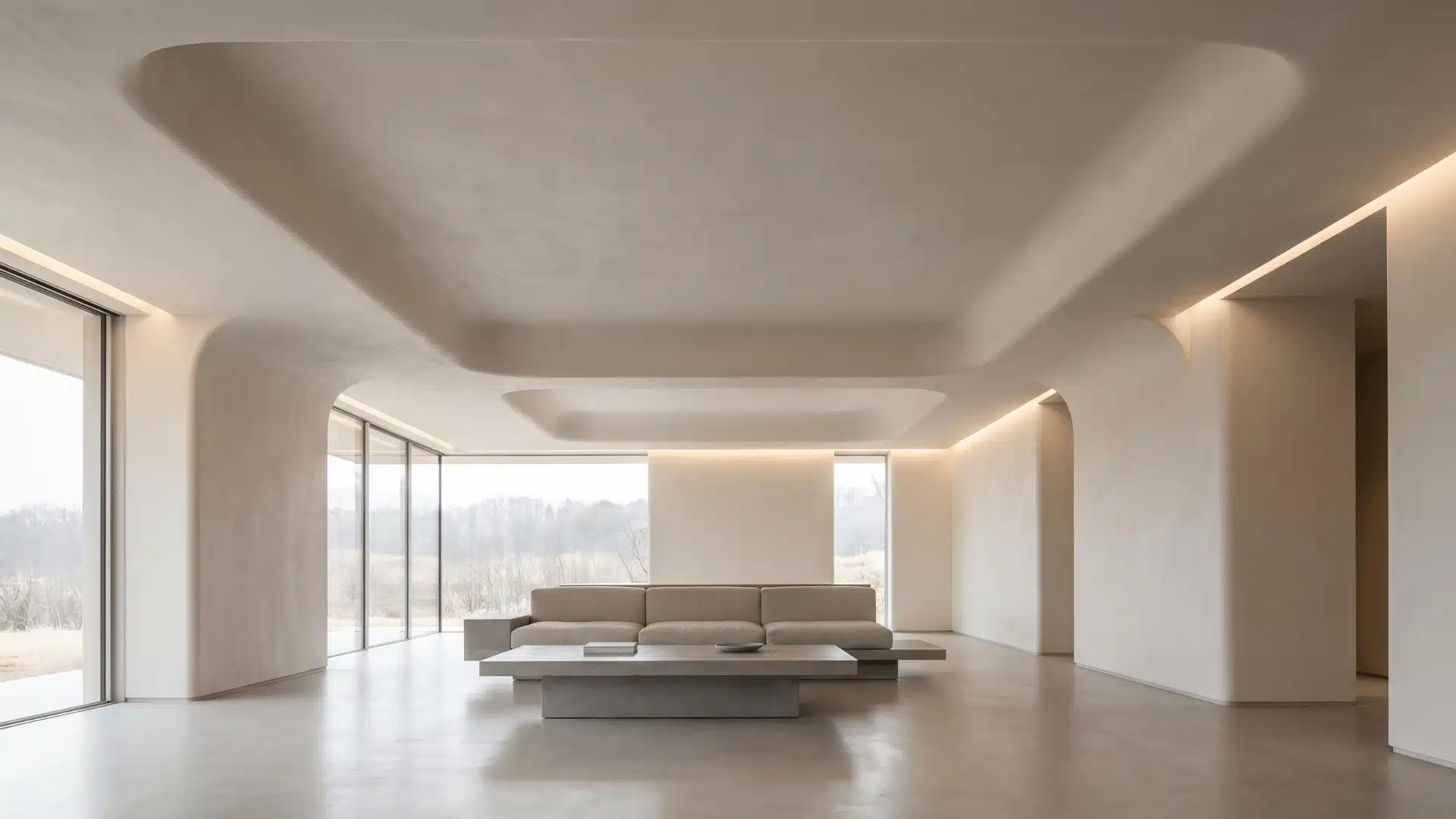Wall-merge tray ceiling blending ceiling recess into upper wall surfaces seamlessly.
