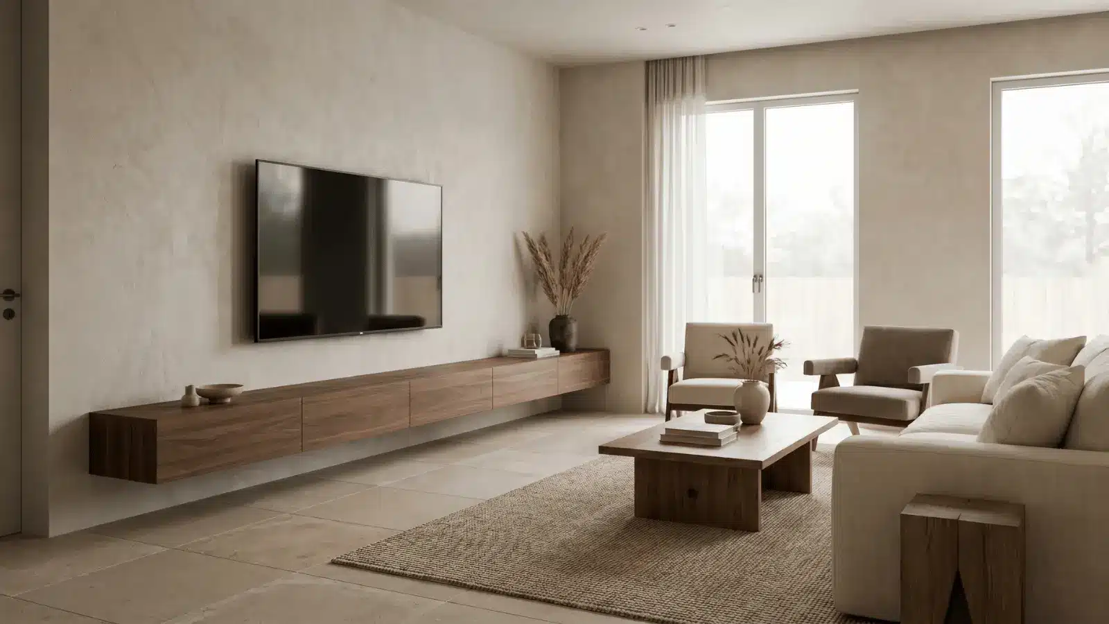 Modern living room with wall mounted TV, floating media console, sofa, and coffee table
