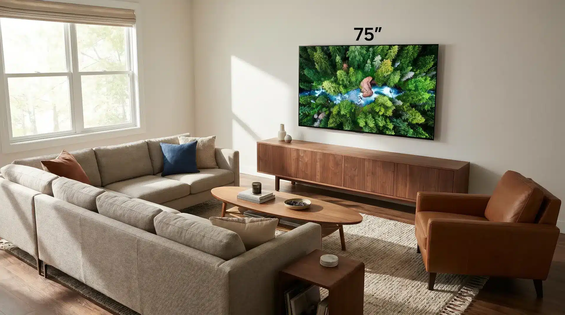 Wall-mounted TV in living room with seating arranged for comfortable viewing angles.