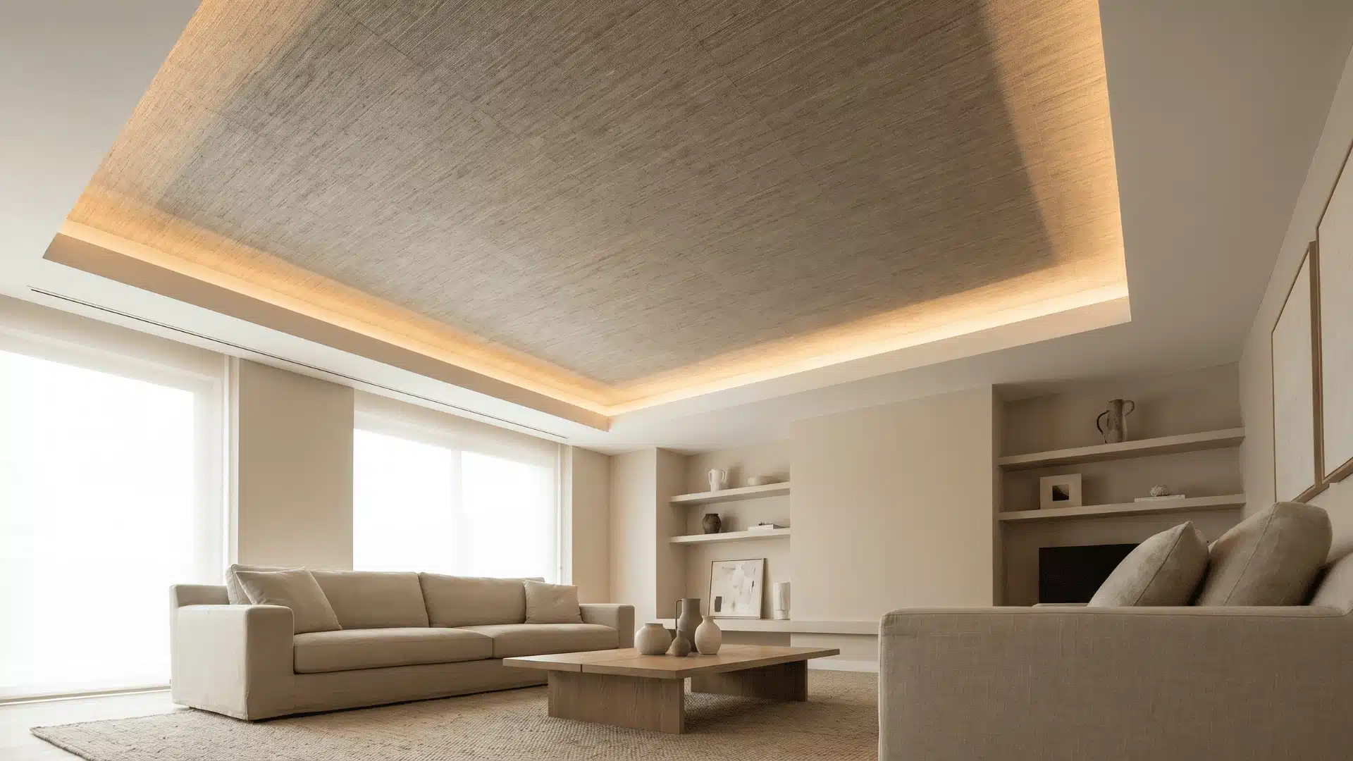 Tray ceiling with recessed wallpaper texture framed by clean painted borders in a minimalist modern living room.