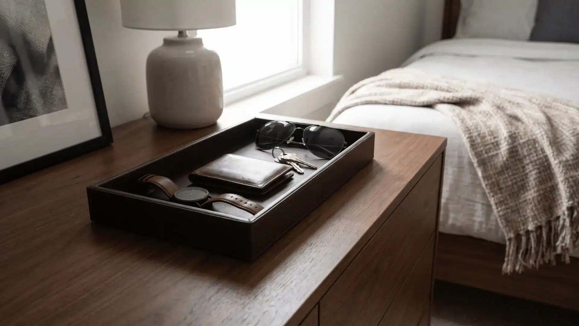 Leather tray holding a watch, wallet, keys, and sunglasses on a wooden dresser