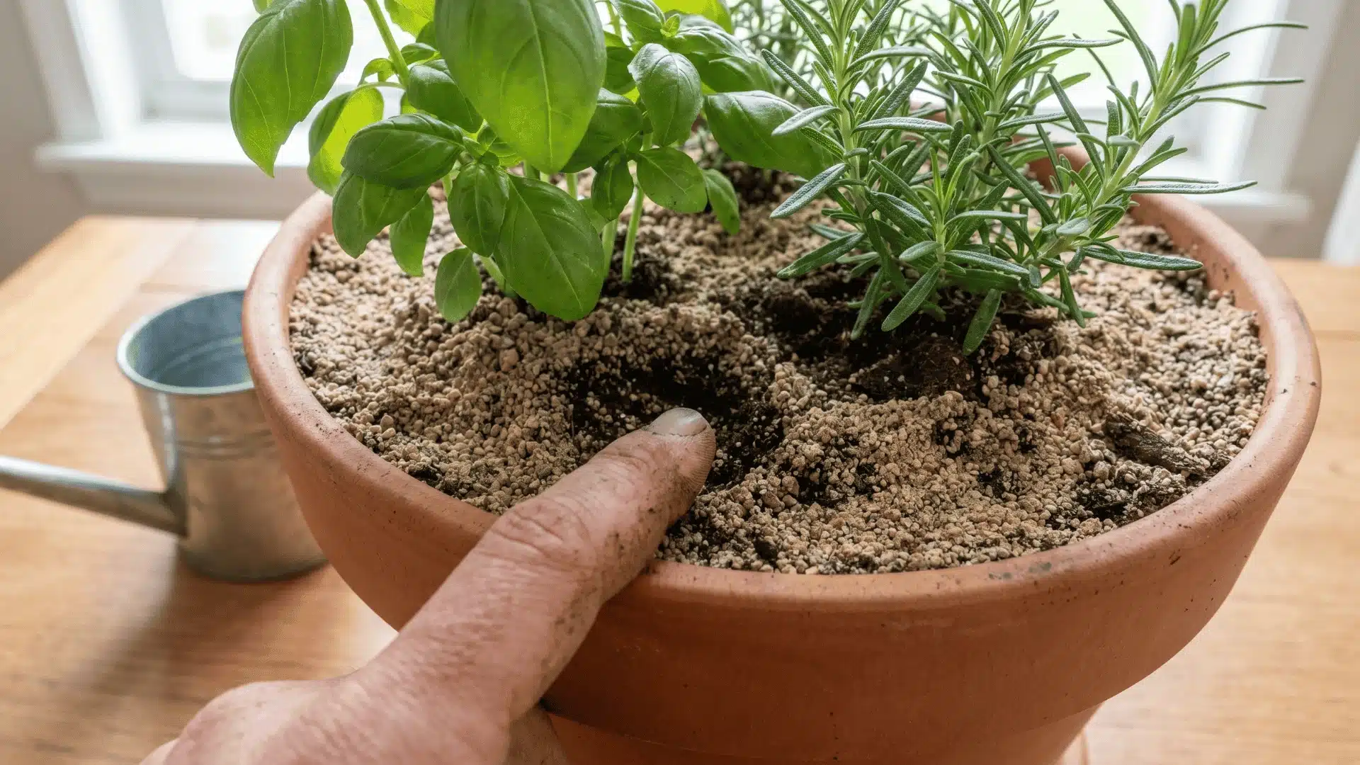 Checking soil moisture in an indoor herb pot before watering.