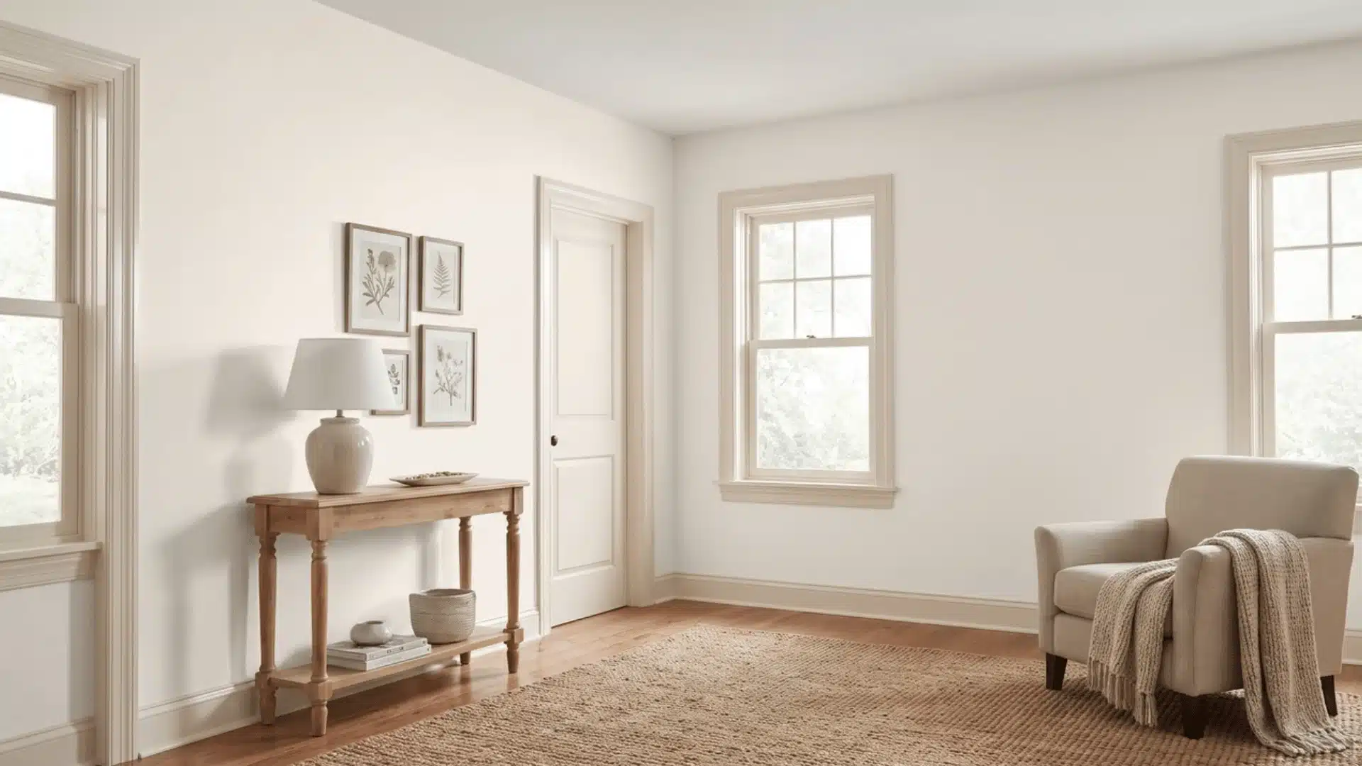 Room with warm white walls and satin-finish warm trim